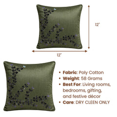 Hand Crafted Cushion Cover – Green | 12"x12" | Poly Cotton Fabric | Embroidered Floral Vine Design