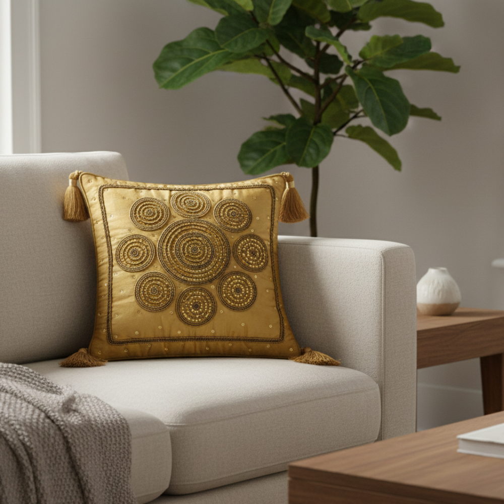 Handcrafted Gold Cushion Cover – 12"x12" | Circular Embroidered Motif | Tassel Accents | Premium Poly Cotton