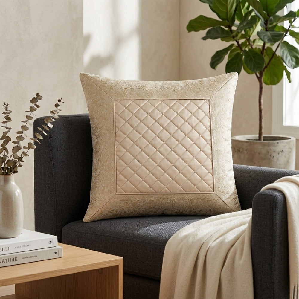 Fabric Crafted Cushion Cover – Cream | 16"x16" | Poly Cotton Fabric | Premium Quilted Center with Elegant Textured Border