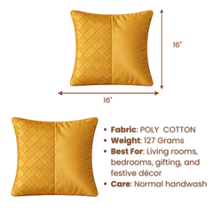Fabric Crafted Cushion Cover – Yellow | 16"x16" | Poly Cotton | Premium Textured Design