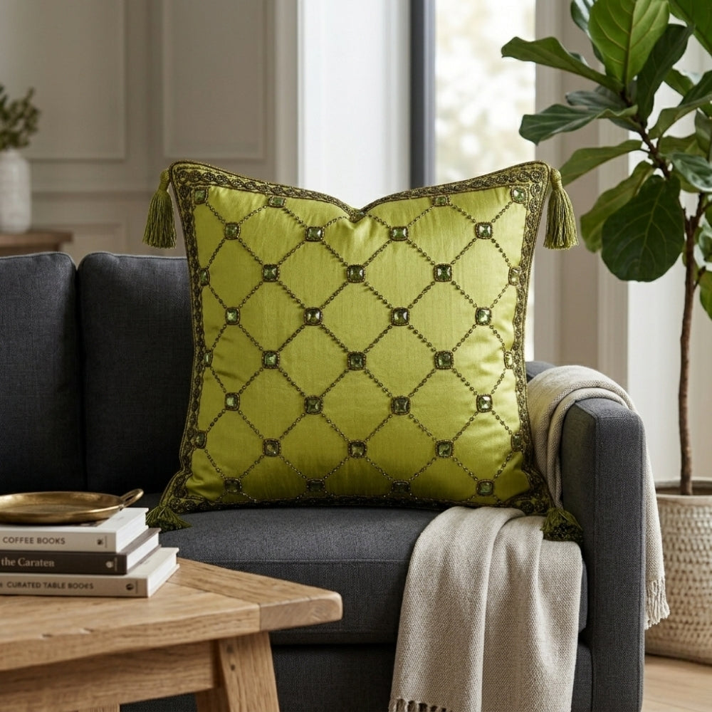 Hand Crafted Cushion Cover – Green | 16"x16" | Poly Cotton | Embroidered Diamond Pattern with Tassels
