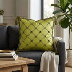 Hand Crafted Cushion Cover – Green | 16"x16" | Poly Cotton | Embroidered Diamond Pattern with Tassels
