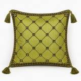 Hand Crafted Cushion Cover – Green | 16"x16" | Poly Cotton | Embroidered Diamond Pattern with Tassels