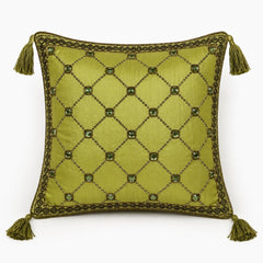 Hand Crafted Cushion Cover – Green | 16"x16" | Poly Cotton | Embroidered Diamond Pattern with Tassels