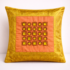 Hand Crafted Cushion Cover – Orange | 16"x16" | Poly Cotton | Geometric Embroidered Design
