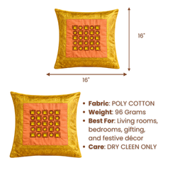 Hand Crafted Cushion Cover – Orange | 16"x16" | Poly Cotton | Geometric Embroidered Design