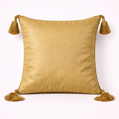Handcrafted Gold Cushion Cover – 12"x12" | Circular Embroidered Motif | Tassel Accents | Premium Poly Cotton