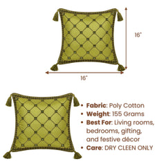 Hand Crafted Cushion Cover – Green | 16"x16" | Poly Cotton | Embroidered Diamond Pattern with Tassels