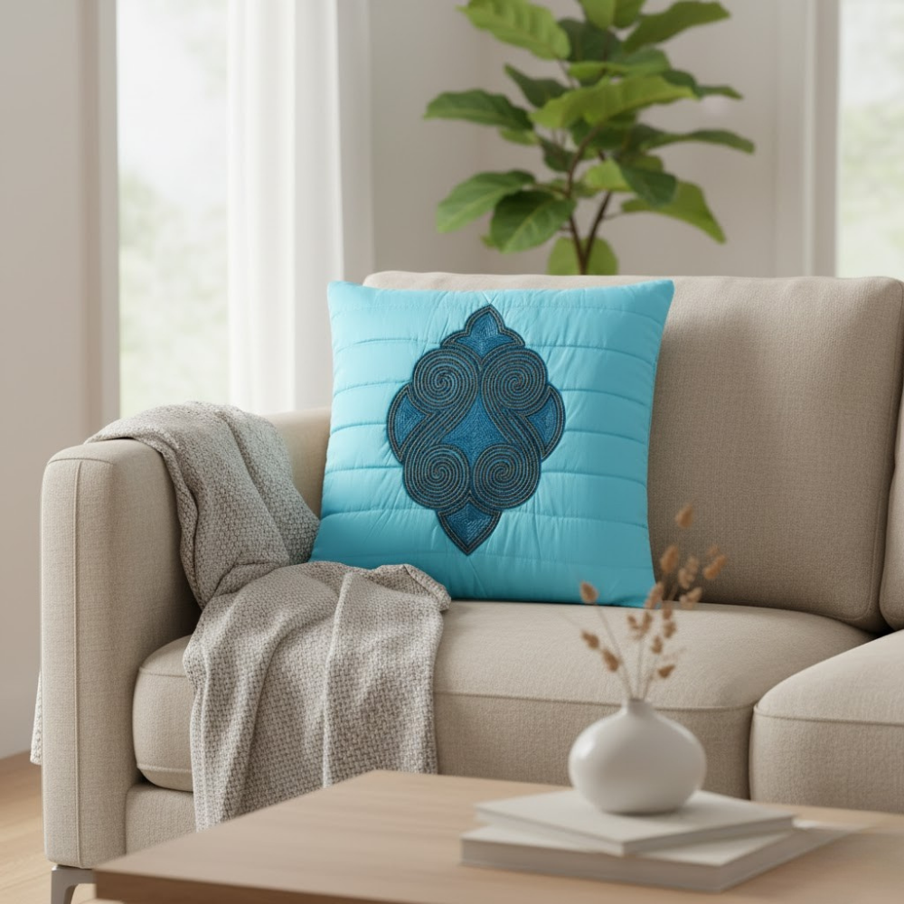 Handcrafted Turquoise Cushion Cover – 16"x16", Premium Poly Cotton