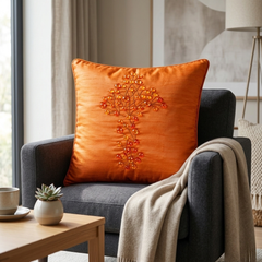 Hand Crafted Cushion Cover – Orange | 16"x16" | Poly Cotton | Embroidered Floral Design
