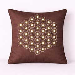 Handcrafted Brown Cushion Cover – 16"x16" | Pearl Starburst Embellished Design | Premium Poly Cotton