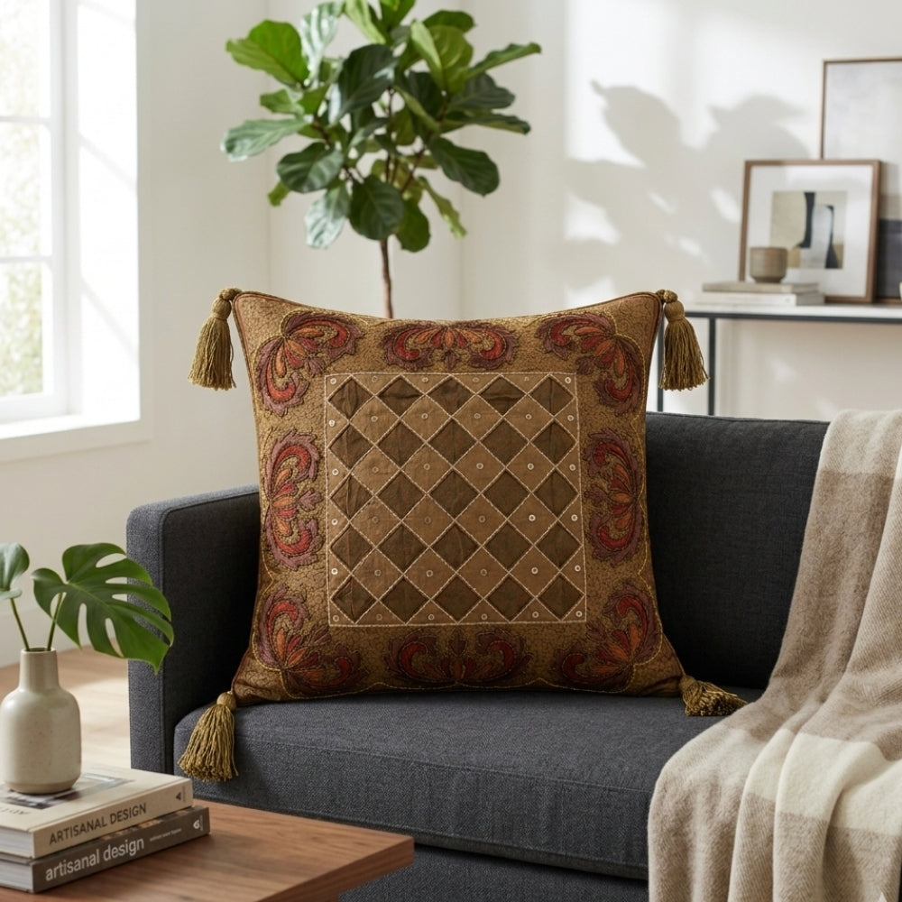 Handcrafted Cushion Cover – Burgundy | 16"x16" | Embroidered Diamond Pattern Decorative Cushion Cover