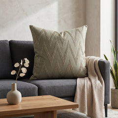 Handcrafted Cushion Cover – Camel | 16"x16" | Zigzag Embroidered Decorative Cushion Cover