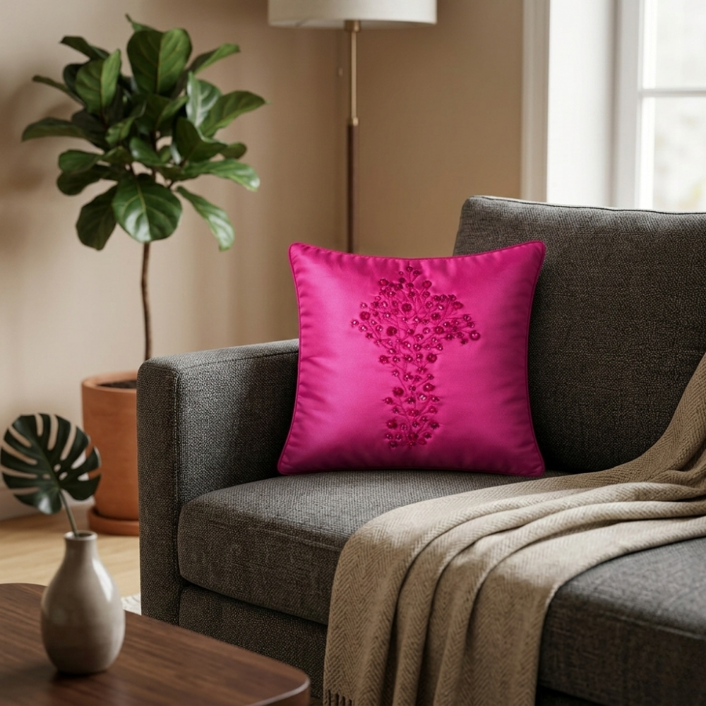 Hand Crafted Cushion Cover – Pink | 12"x12" | Poly Cotton | Embroidered Floral Design