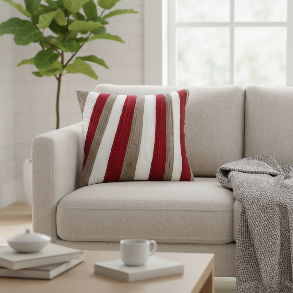 Fabric-Crafted Maroon Cushion Cover – 12"x12", Multi-Stripe Textured Design in Premium Poly Cotton