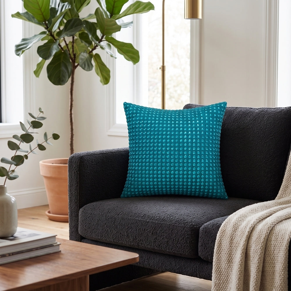 Handcrafted Turquoise Blue Beaded Cushion Cover – 12"x12" | Premium Poly Cotton | Elegant Handcrafted Design