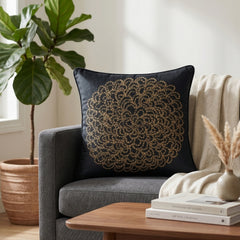 Machine Crafted Black Cushion Cover – 16"x16" | Elegant Gold Floral Embroidery | Premium Poly-Cotton Decorative Cushion Cover