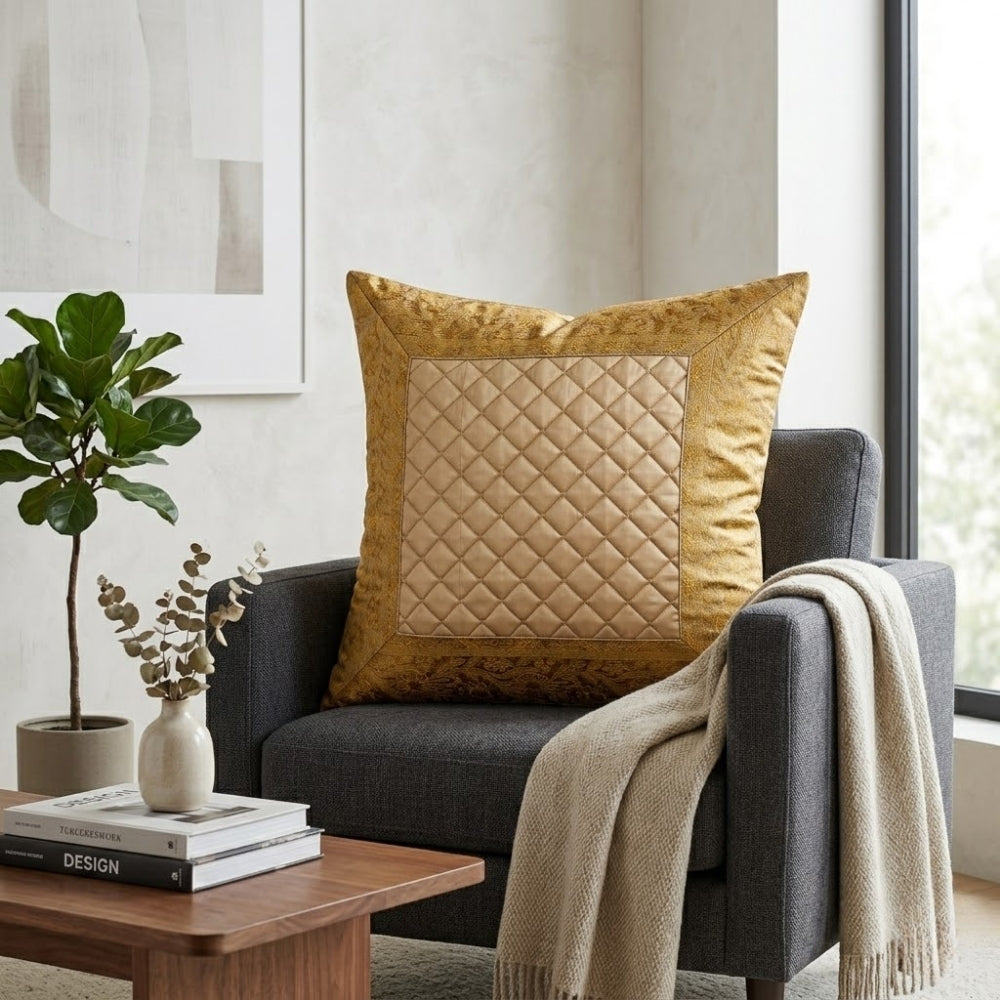 Fabric Crafted Cushion Cover – Gold | 16"x16" | Poly Cotton Fabric | Premium Quilted Center with Royal Textured Border