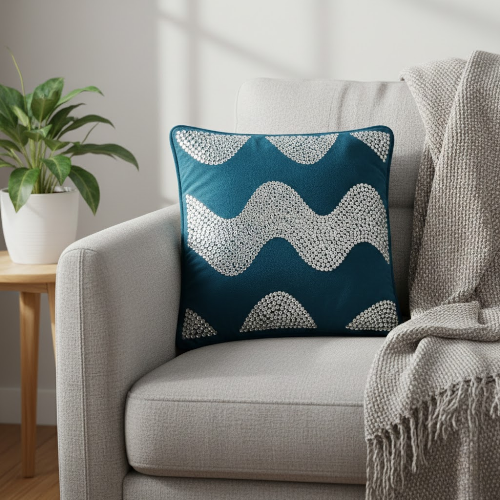 Hand-Crafted Cushion Cover – Bottle Green Silver | 12"x12" | Poly Chenille-Cotton | Elegant Festive Accent