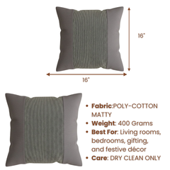 Handcrafted Dark Grey Cushion Cover – 16"x16" | Poly-Cotton Matty | Textured Stripe Panel | Premium Festive Décor