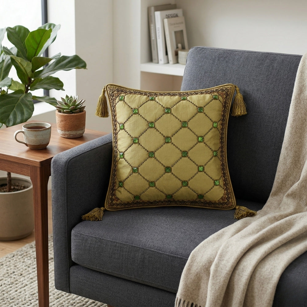 Hand Crafted Cushion Cover – Green | 12"x12" | Poly Cotton | Embroidered Diamond Pattern with Tassels