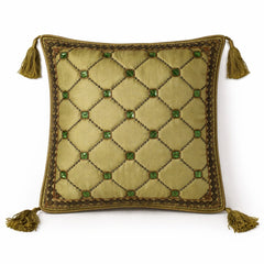 Hand Crafted Cushion Cover – Green | 12"x12" | Poly Cotton | Embroidered Diamond Pattern with Tassels
