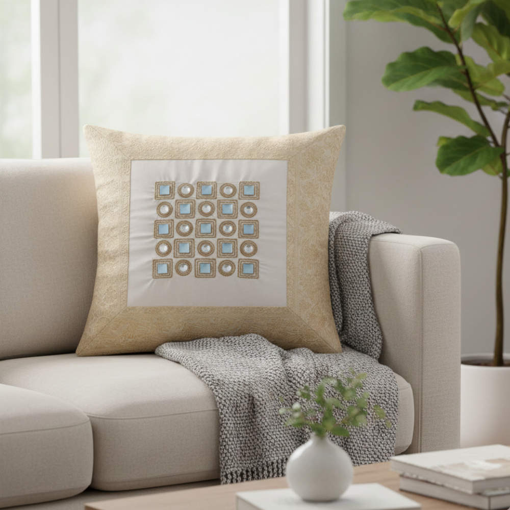 Hand Crafted Cushion Cover – White | 16"x16" | Poly Cotton | Geometric Embroidered Design