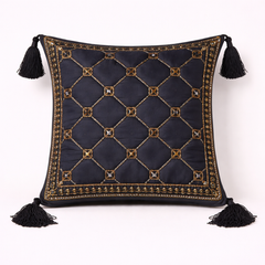 Handcrafted Black Cushion Cover – 12"x12" | Diamond Quilted Embroidery | Tassel Accents | Premium Poly Cotton