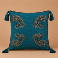 Handcrafted Cushion Cover – Turquoise | 16"x16" | Paisley Embroidered Decorative Cushion Cover