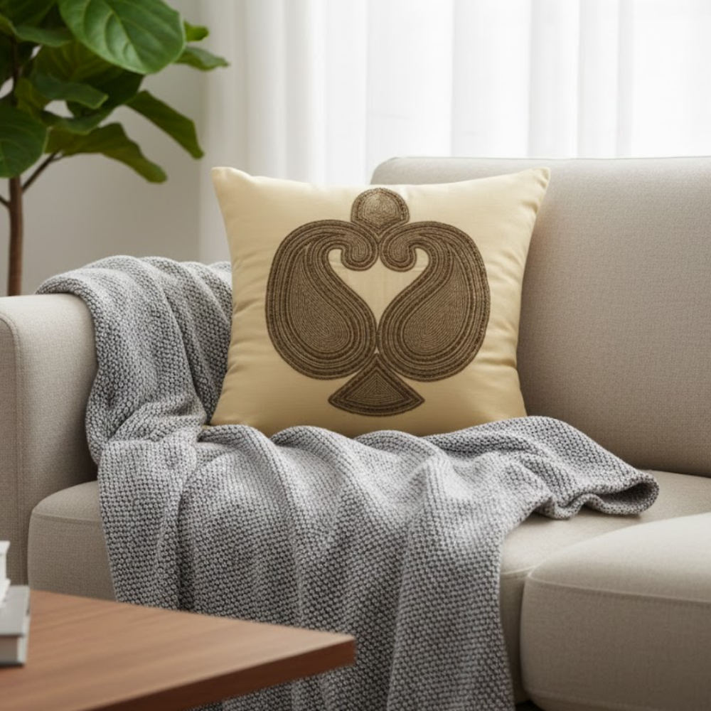 Handcrafted Gold Cushion Cover – 16"x16" | Traditional Embroidered Motif | Premium Poly Cotton