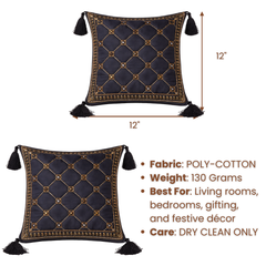 Handcrafted Black Cushion Cover – 12"x12" | Diamond Quilted Embroidery | Tassel Accents | Premium Poly Cotton