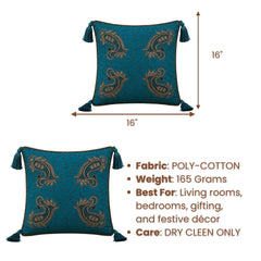 Handcrafted Cushion Cover – Turquoise | 16"x16" | Paisley Embroidered Decorative Cushion Cover