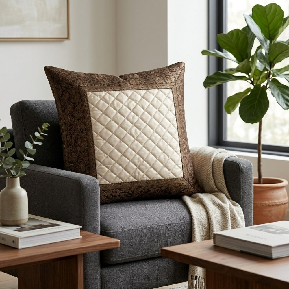 Fabric Crafted Cushion Cover – Cream Brown | 16"x16" | Poly Cotton Fabric | Quilted Center with Elegant Textured Border