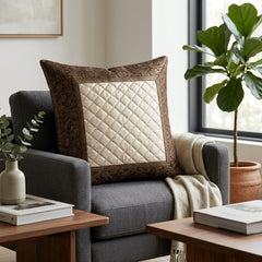 Fabric Crafted Cushion Cover – Cream Brown | 16"x16" | Poly Cotton Fabric | Quilted Center with Elegant Textured Border