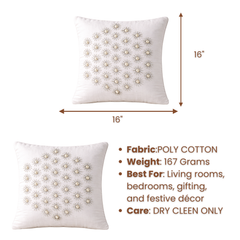 Handcrafted White Cushion Cover – 16"x16" | Pearl Starburst Embellished Design | Premium Poly Cotton