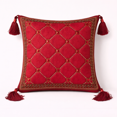 Handcrafted Maroon Cushion Cover – 12"x12" | Diamond Quilted Embroidery | Tassel Accents | Premium Poly Cotton