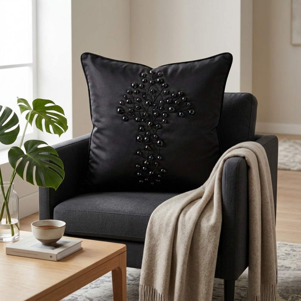 Hand Crafted Cushion Cover – Black | 16"x16" | Poly Cotton | Embroidered Floral Design