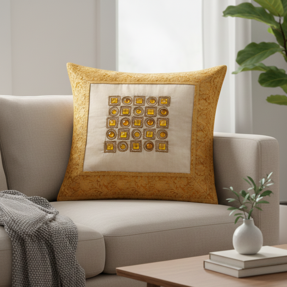 Hand Crafted Cushion Cover – Beige | 16"x16" | Poly Cotton | Geometric Embroidered Design