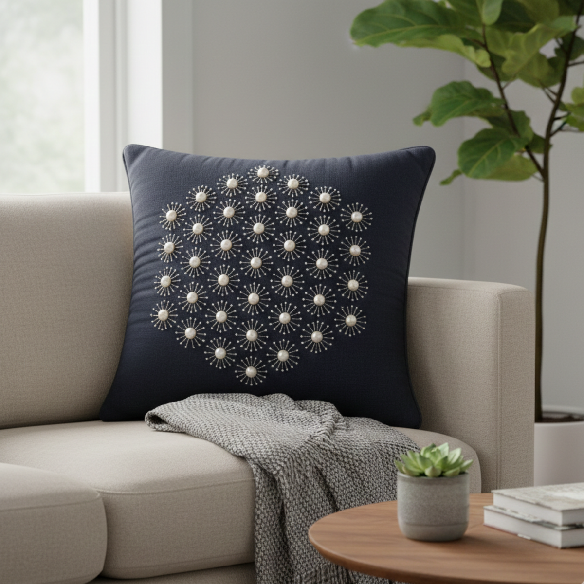 Handcrafted Black Cushion Cover – 16"x16" | Pearl Starburst Embellished Design | Premium Poly Cotton