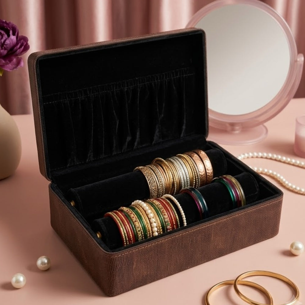 Luxury Brown Leather Bangle Storage Box – Jewellery Organizer with Removable Velvet Rolls (33.02 × 20.83 × 10.16 cm)