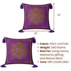 Handcrafted Purple Cushion Cover – 16"x16" | Royal Mandala Embroidery | Tassel Detailing | Premium Poly Cotton