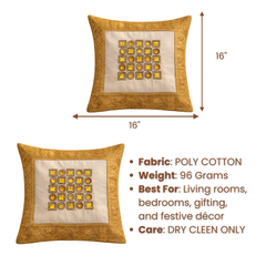 Hand Crafted Cushion Cover – Beige | 16"x16" | Poly Cotton | Geometric Embroidered Design