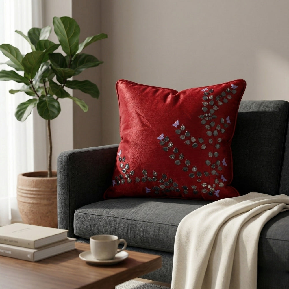 Hand Crafted Cushion Cover – Maroon | 16"x16" | Poly Cotton Fabric | Embroidered Floral Design