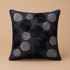 Handcrafted Cushion Cover – Black | 12"x12" | Floral & Sequin Decorative Cushion Cover