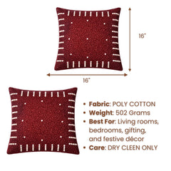 Hand Crafted Cushion Cover – Burgundy | 16"x16" | Poly Cotton | Pearl Embellished Design