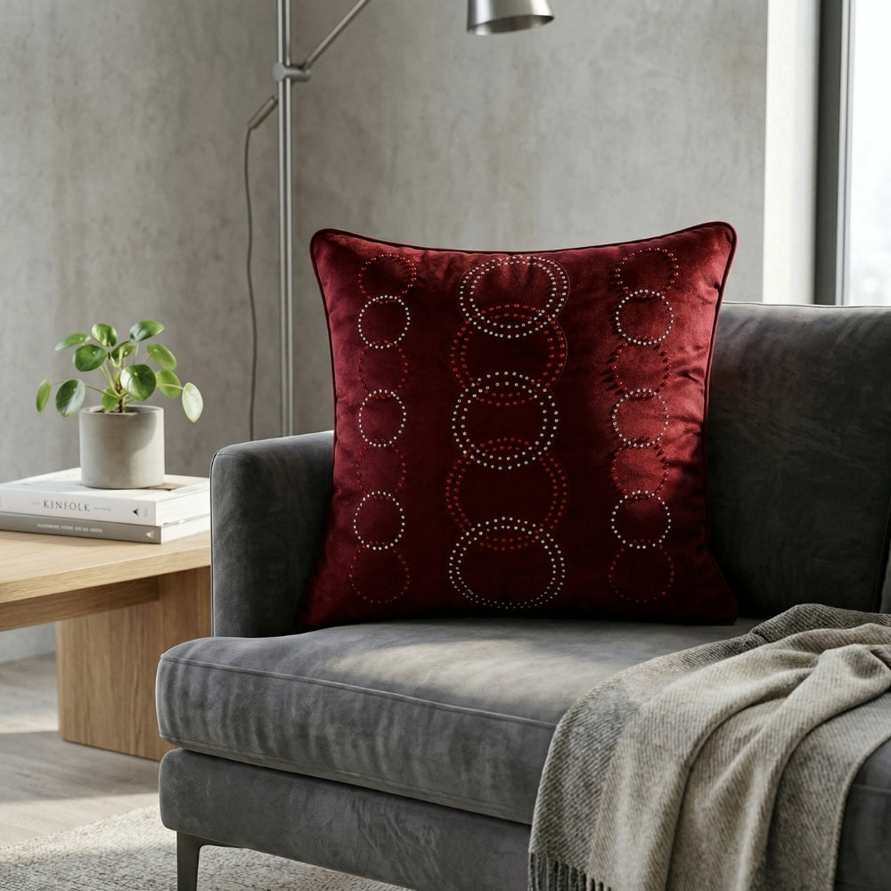 Burgundy Embroidered Cushion Cover | 16"x16" | Poly Cotton | Circular Pattern Designer Cushion Cover