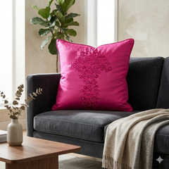 Hand Crafted Cushion Cover – Pink | 16"x16" | Poly Cotton | Embroidered Floral Design