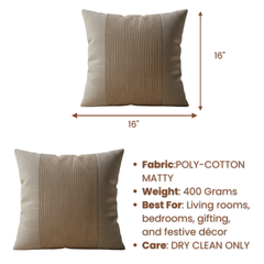 Handcrafted Khaki Cushion Cover – 16"x16" | Poly-Cotton Matty | Textured Stripe Panel | Premium Festive Décor