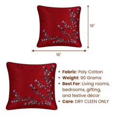 Hand Crafted Cushion Cover – Maroon | 16"x16" | Poly Cotton Fabric | Embroidered Floral Design