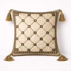 Handcrafted Beige Cushion Cover – 12"x12" | Diamond Quilted Embroidery | Tassel Accents | Premium Poly Cotton